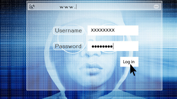 Kirjautumisikkuna, jonka taustalla huppupäinen hahmo.
