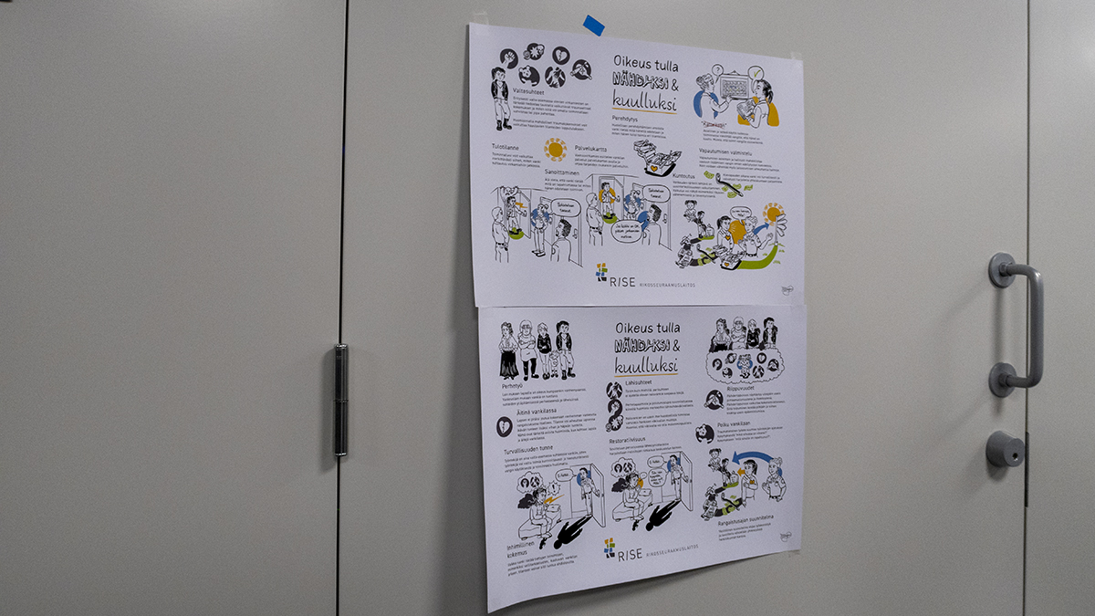 Vankilan seinällä julisteessa tietoja palveluista.