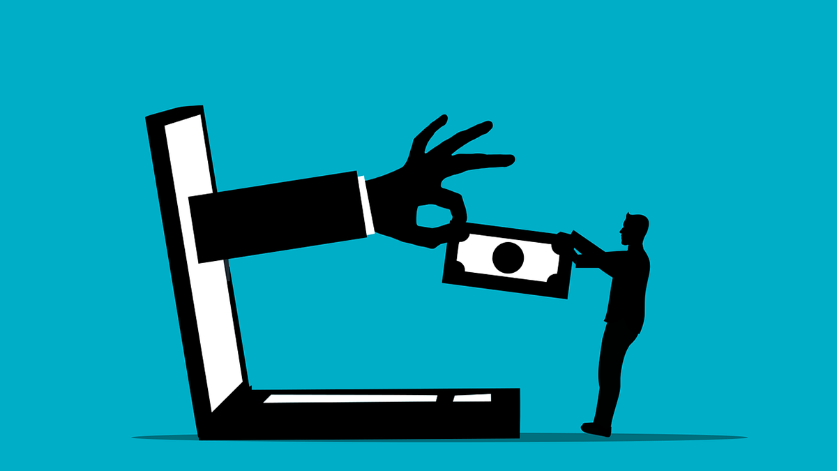 Piirroskuva, jossa käsi nappaa setelin ruudun läpi.