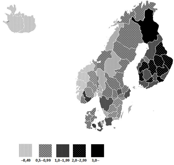 Pohjoismaiden karttapohjalla Suomessa on eniten tummia henkirikoksen yleisyyttä osoittavia alueita.